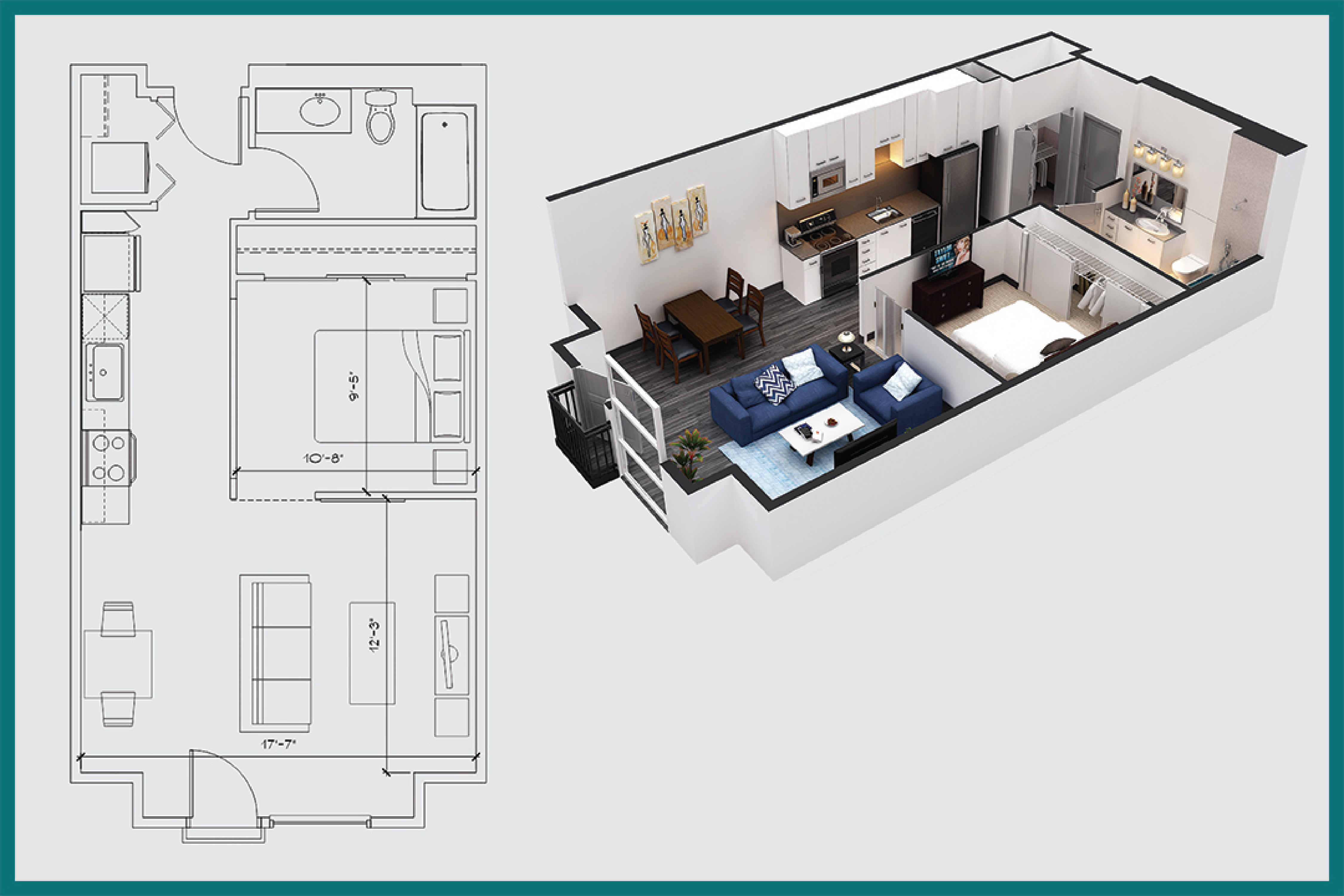 Floor plan for 1 bed, 1 bath, 604 sqft